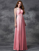 A-Line Charming Straps Ruched Sleeveless Long Chiffon Bridesmaid Dresses