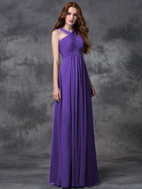 A-Line Charming Straps Ruched Sleeveless Long Chiffon Bridesmaid Dresses