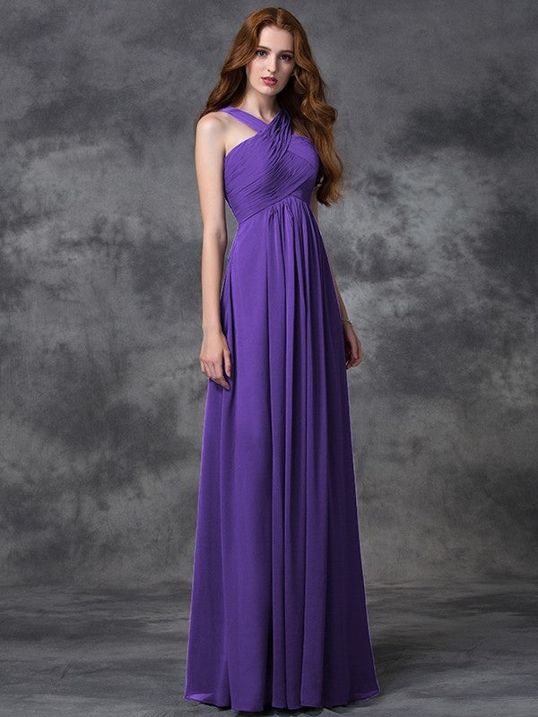 A-Line Charming Straps Ruched Sleeveless Long Chiffon Bridesmaid Dresses