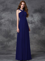 A-Line Charming Straps Ruched Sleeveless Long Chiffon Bridesmaid Dresses