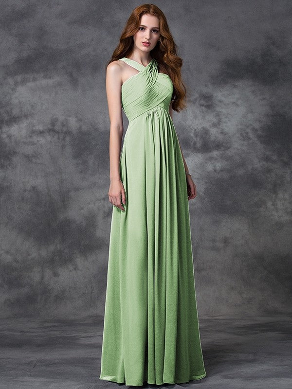 A-Line Charming Straps Ruched Sleeveless Long Chiffon Bridesmaid Dresses