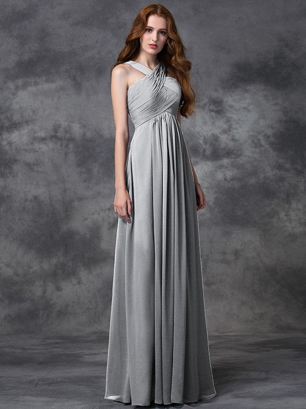 A-Line Charming Straps Ruched Sleeveless Long Chiffon Bridesmaid Dresses