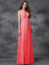 A-Line Charming Straps Ruched Sleeveless Long Chiffon Bridesmaid Dresses