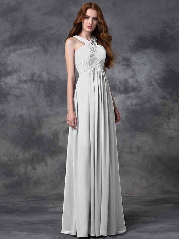 A-Line Charming Straps Ruched Sleeveless Long Chiffon Bridesmaid Dresses