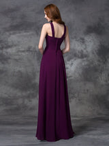 A-Line Charming Straps Ruched Sleeveless Long Chiffon Bridesmaid Dresses