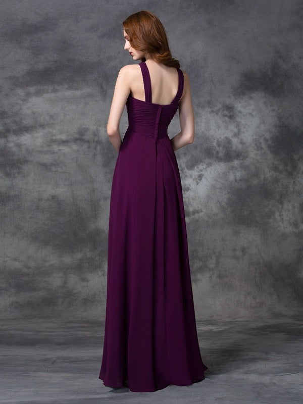 A-Line Charming Straps Ruched Sleeveless Long Chiffon Bridesmaid Dresses