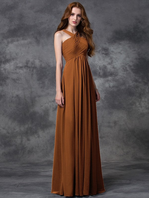 A-Line Charming Straps Ruched Sleeveless Long Chiffon Bridesmaid Dresses