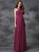 A-Line Charming Straps Ruched Sleeveless Long Chiffon Bridesmaid Dresses