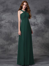 A-Line Charming Straps Ruched Sleeveless Long Chiffon Bridesmaid Dresses