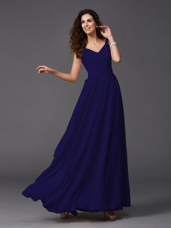 A-Line Charming Straps Sash/Ribbon/Belt Sleeveless Long Chiffon Bridesmaid Dresses