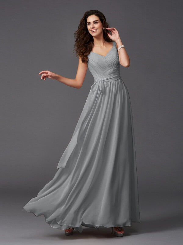 A-Line Charming Straps Sash/Ribbon/Belt Sleeveless Long Chiffon Bridesmaid Dresses