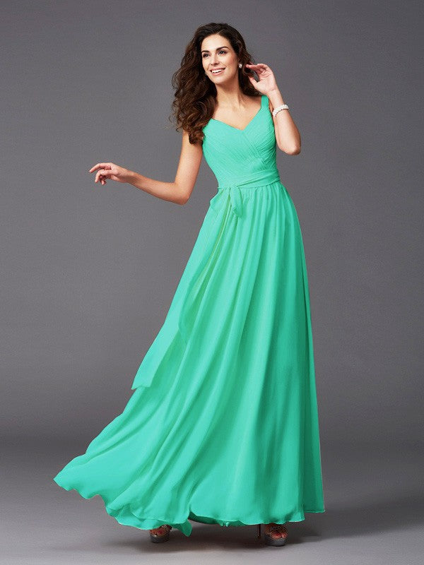 A-Line Charming Straps Sash/Ribbon/Belt Sleeveless Long Chiffon Bridesmaid Dresses