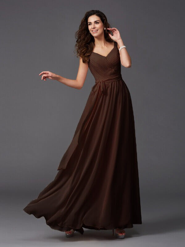 A-Line Charming Straps Sash/Ribbon/Belt Sleeveless Long Chiffon Bridesmaid Dresses