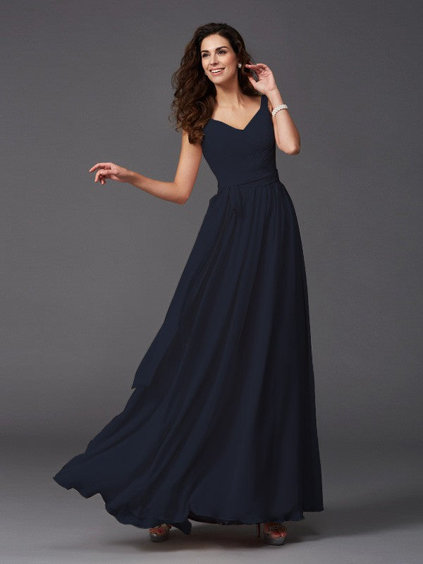 A-Line Charming Straps Sash/Ribbon/Belt Sleeveless Long Chiffon Bridesmaid Dresses