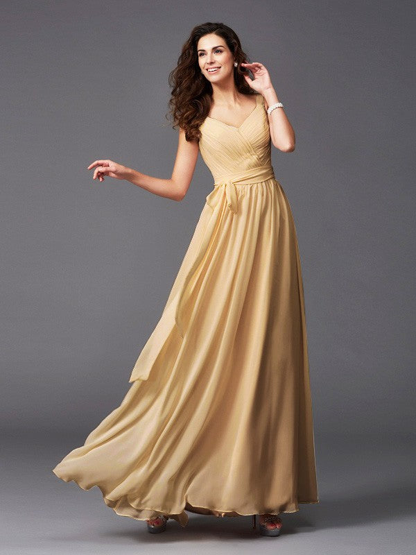 A-Line Charming Straps Sash/Ribbon/Belt Sleeveless Long Chiffon Bridesmaid Dresses