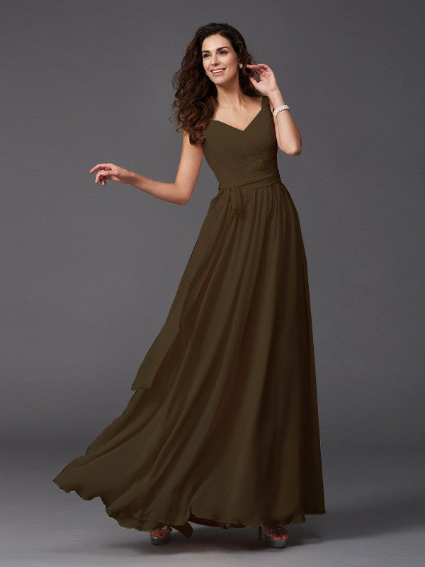 A-Line Charming Straps Sash/Ribbon/Belt Sleeveless Long Chiffon Bridesmaid Dresses