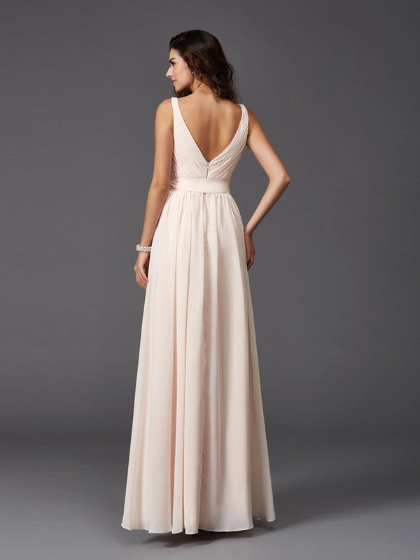 A-Line Charming Straps Sash/Ribbon/Belt Sleeveless Long Chiffon Bridesmaid Dresses