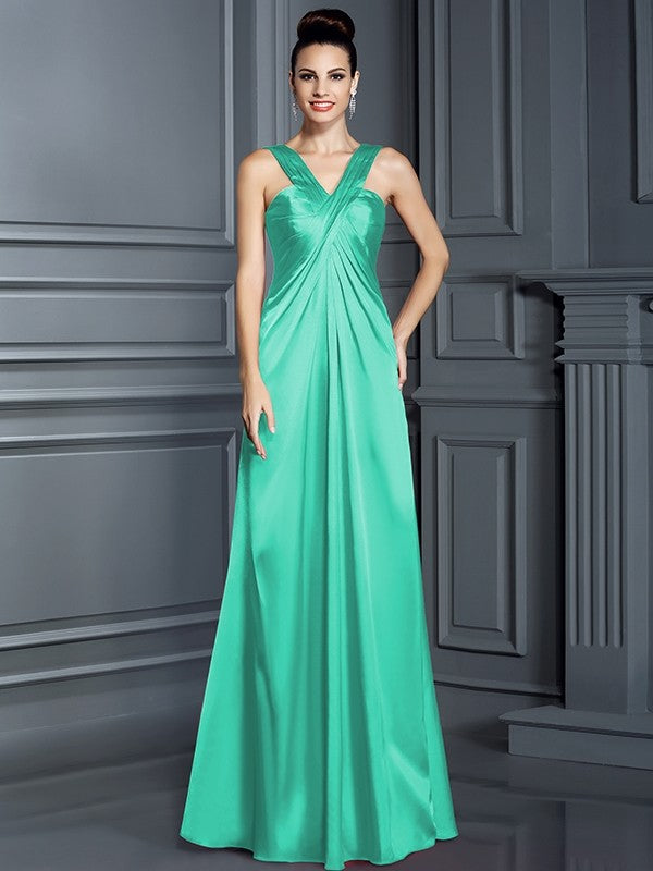 A-Line Charming Straps Sleeveless Long Elastic Woven Satin Bridesmaid Dresses