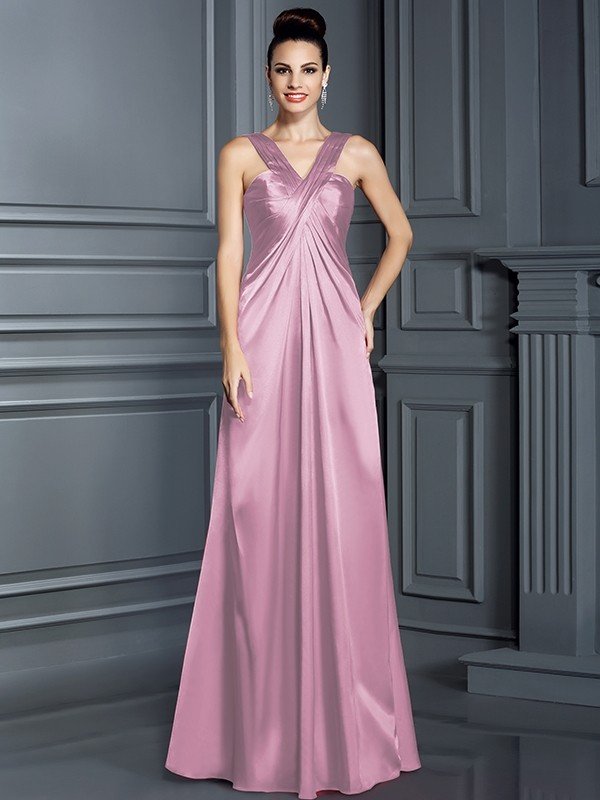 A-Line Charming Straps Sleeveless Long Elastic Woven Satin Bridesmaid Dresses