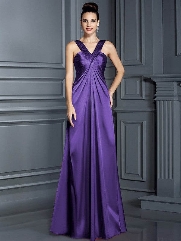 A-Line Charming Straps Sleeveless Long Elastic Woven Satin Bridesmaid Dresses