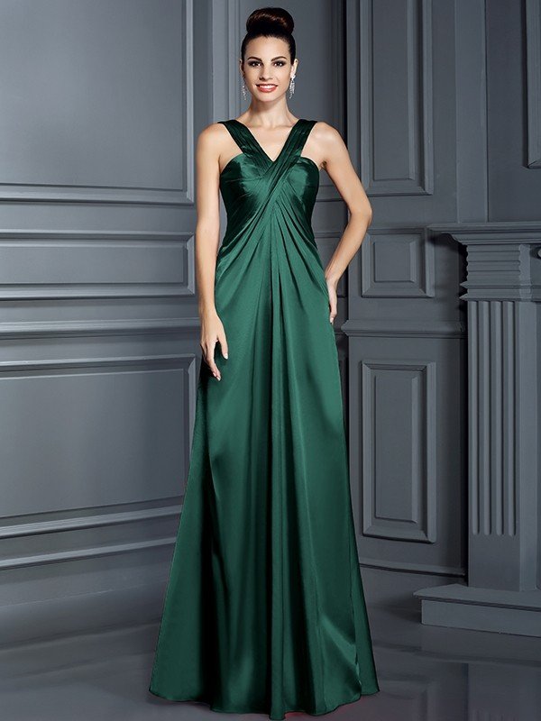 A-Line Charming Straps Sleeveless Long Elastic Woven Satin Bridesmaid Dresses