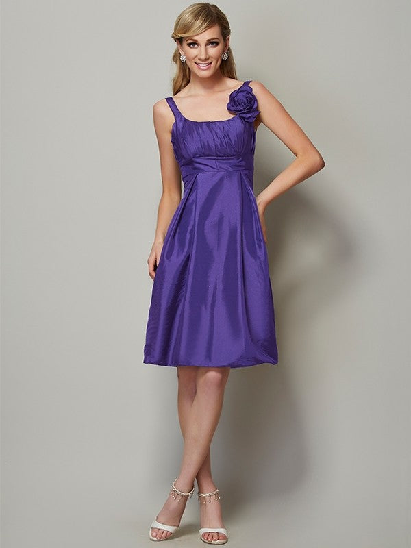 A-Line Charming Straps Sleeveless Pleats Short Taffeta Bridesmaid Dresses