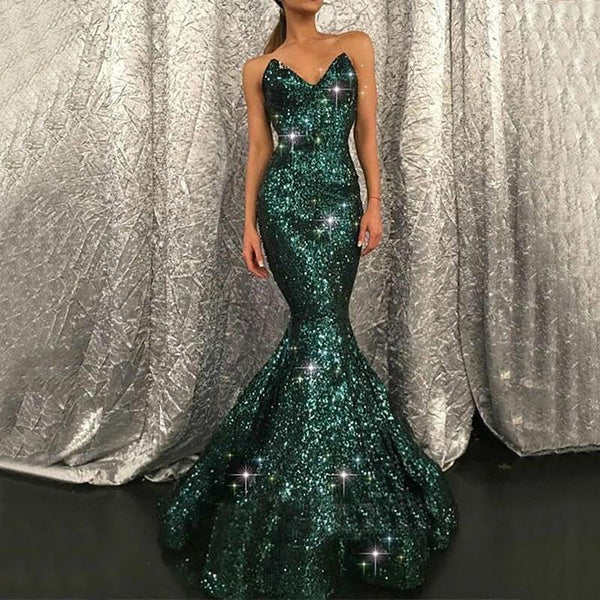 Looking for Prom Dresses in Sequined,  Mermaid style,  and Gorgeous dark green color? stylesnuggle has all covered on this elegant Charming Sweetheart Dark Green Sequins Mermaid Prom Evening Gown.