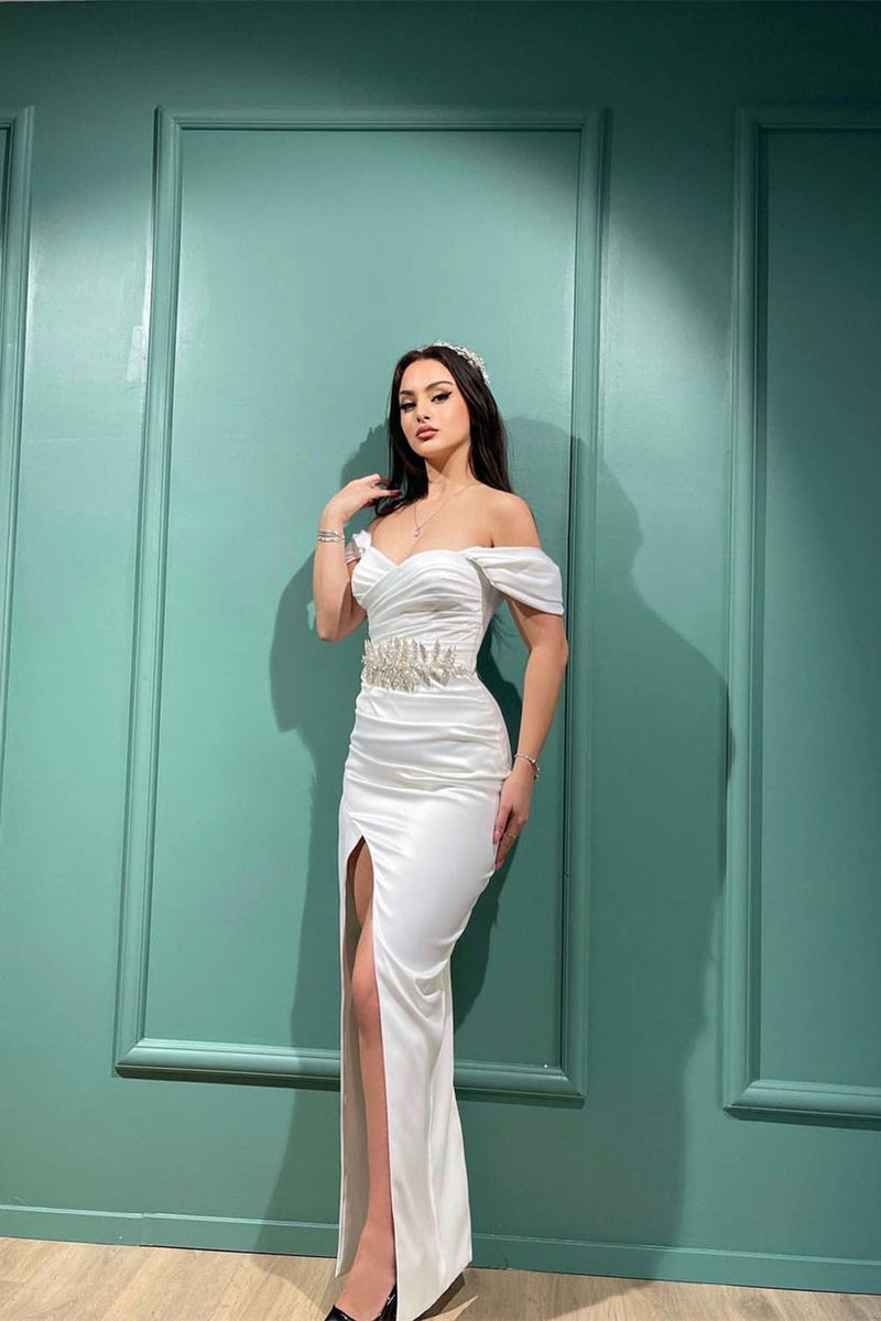 Charming White Mermaid Off-the-shoulder Sleeveless Evening Prom Dresses With Slit-stylesnuggle