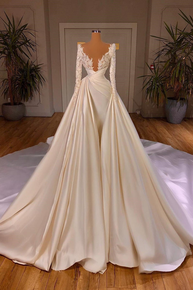 Chic A-Line Cathedral V-Neck Long Wedding Dress With Long Sleeves-stylesnuggle