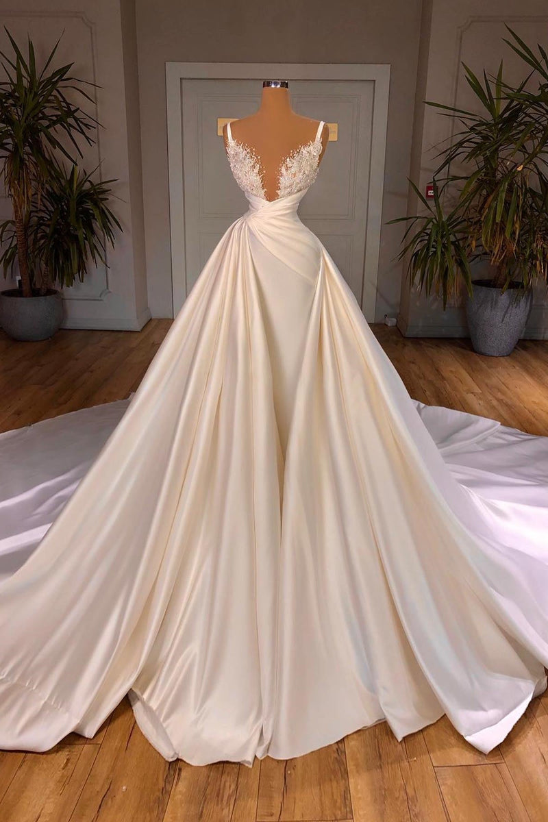 Chic A-Line Sleeveless Spaghetti Strap Cathedral V-Neck Long Wedding Dress-stylesnuggle