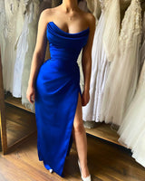 Chic Ankle Length Strapless Classic Prom Dresses Long Slit Online-stylesnuggle