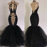 stylesnuggle offers Chic Backless Prom Dresses Cheap with Gold Appliques at low prices. Shop Mermaid Halter Evening Gowns with Keyhole for your prom day. All colors & all sizes available,  free delivery worldwide.