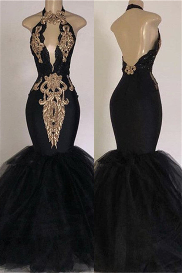 stylesnuggle offers Chic Backless Prom Dresses Cheap with Gold Appliques at low prices. Shop Mermaid Halter Evening Gowns with Keyhole for your prom day. All colors & all sizes available,  free delivery worldwide.