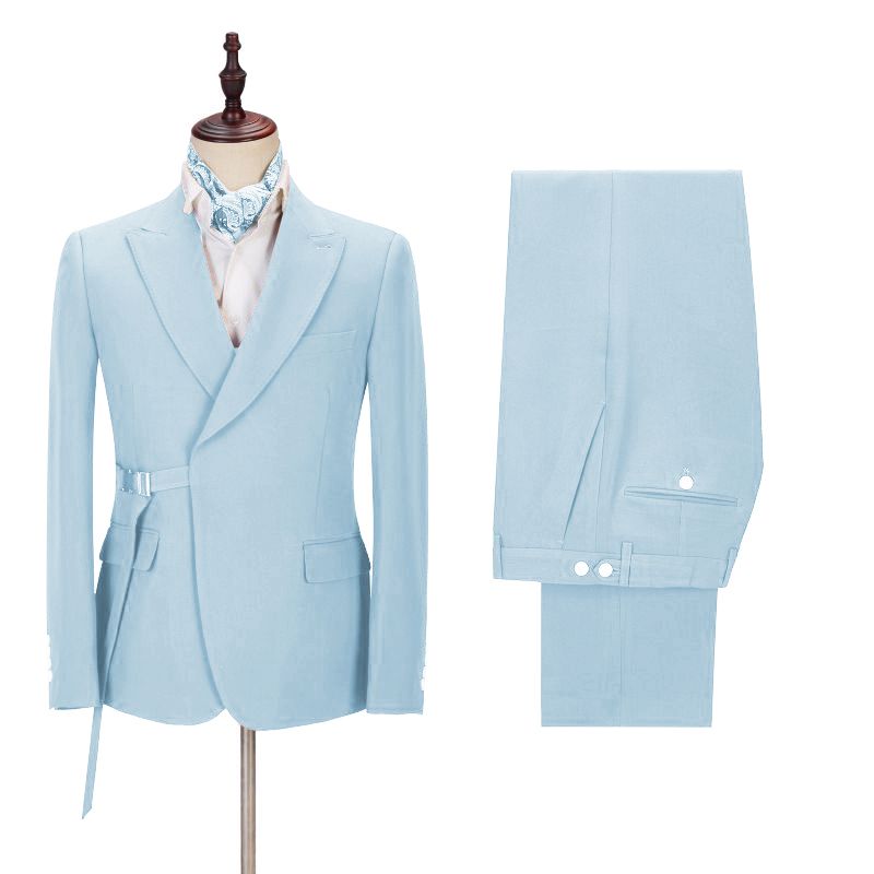 Chic Bespoke Sky Blue Peaked Lapel Men Suits with Adjustable Buckle-stylesnuggle