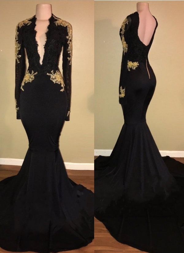 Chic Black and Gold mermaid Long Sleevess Prom Dresses,  Buy high quality discount formal dresses from stylesnuggle. Shipping worldwide,  free shipping,  custom made,  all sizes &colors.