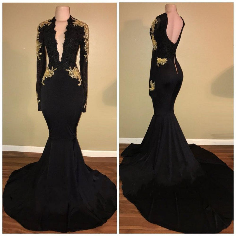 Chic Black and Gold mermaid Long Sleevess Prom Dresses,  Buy high quality discount formal dresses from stylesnuggle. Shipping worldwide,  free shipping,  custom made,  all sizes &colors.