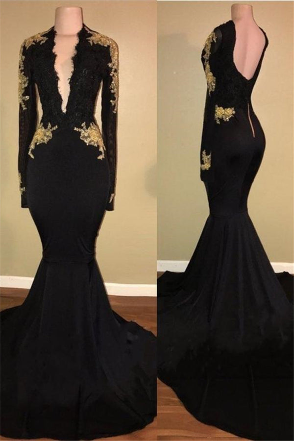 Chic Black and Gold Prom Dresses Deep V-Neck Long Sleevess Evening Gowns-stylesnuggle