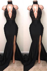 Chic Black High Neck Lace Front Split Mermaid Prom Party Gowns-stylesnuggle