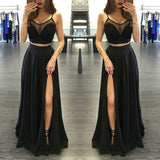 Buy high quality Chic black two piece front split illusion spaghetti strap long Prom Party Gowns 2021 from stylesnuggle. Shipping worldwide,  custom made all sizes &colors. SHOP NOW