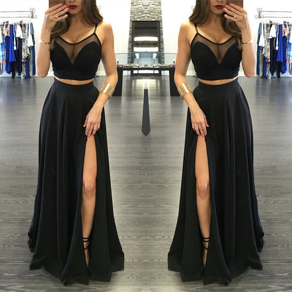 Buy high quality Chic black two piece front split illusion spaghetti strap long Prom Party Gowns 2021 from stylesnuggle. Shipping worldwide,  custom made all sizes &colors. SHOP NOW