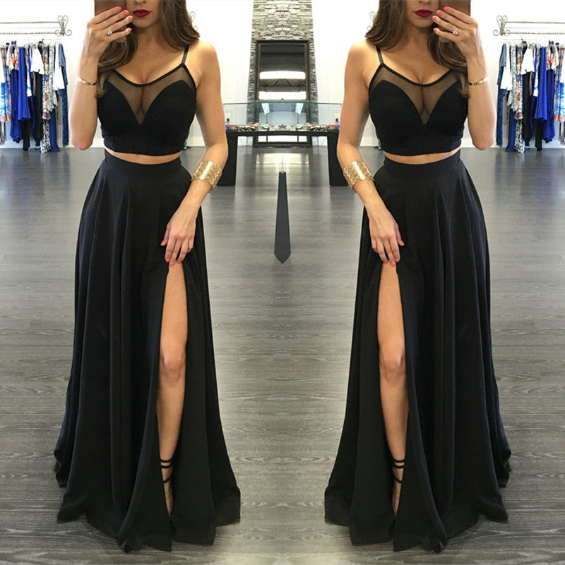 Buy high quality Chic black two piece front split illusion spaghetti strap long Prom Party Gowns 2021 from stylesnuggle. Shipping worldwide,  custom made all sizes &colors. SHOP NOW