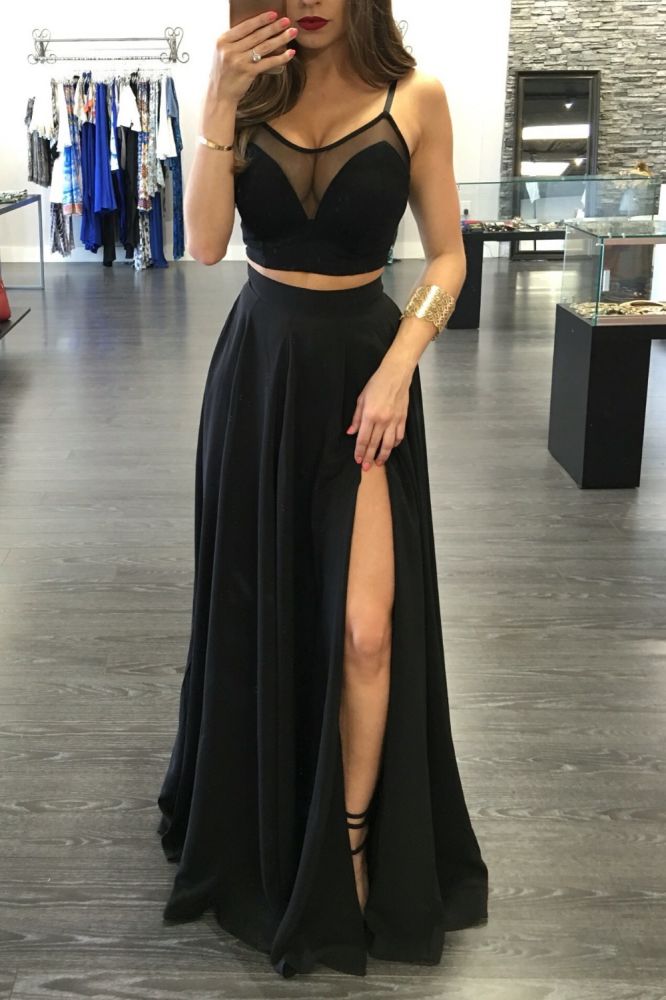 Buy high quality Chic black two piece front split illusion spaghetti strap long Prom Party Gowns 2021 from stylesnuggle. Shipping worldwide,  custom made all sizes &colors. SHOP NOW