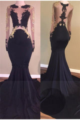 Chic Black Long-Sleeve Lace Mermaid Zipper Prom Party Gowns-stylesnuggle