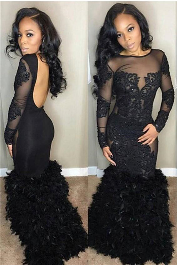 Chic Black Mermaid Prom Party Gowns| Long Sleeves Lace Evening Gowns-stylesnuggle