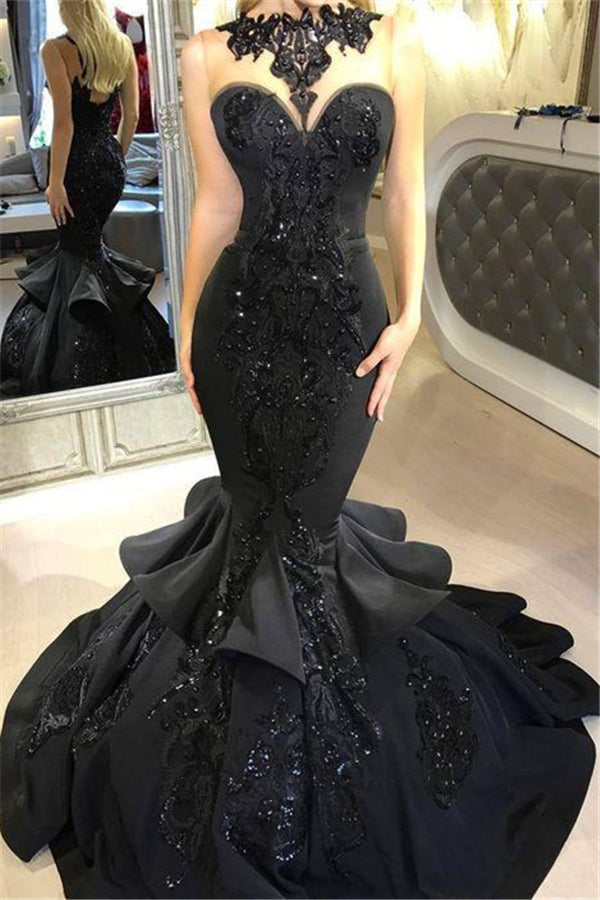 Chic Black Mermaid Prom Party GownsLong Sequins Ruffles Party Gowns-stylesnuggle