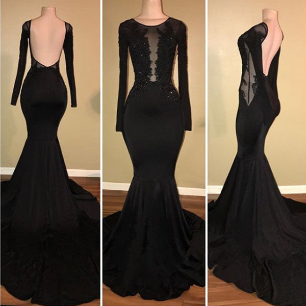 Looking for Chic black Long Sleeves backless mermaid prom dress,  New Arrival evening dress on sale? stylesnuggle has all covered on Chic Black Mermaid Prom Party GownsLong Sleeves With Lace Appliques.