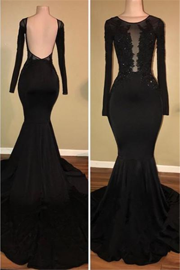 Chic Black Mermaid Prom Party GownsLong Sleeves With Lace Appliques-stylesnuggle