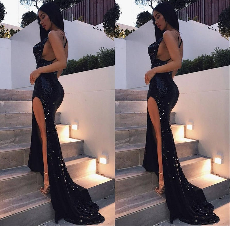 stylesnuggle custom made Chic black slit sequins party dress on sale,  formal dress 2021 with best quality. You will be surprised by the delicate design and service. Extra free coupons,  come and get today.