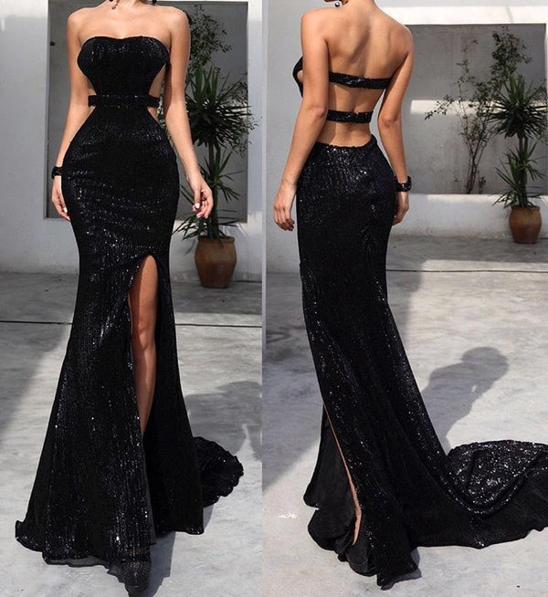 stylesnuggle offers new Chic Black Tube Top Sequins Floor Length Prom Dresses With Split White Open Back Party Gowns at cheap prices. It is a gorgeous Column Prom Dresses, Evening Dresses in Sequined,  which meets all your requirement.