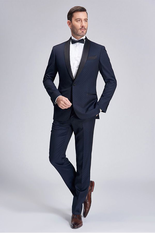 Chic Blue Dots Shawl Lapel Wedding Tuxedos Dark Navy Wedding Suits for Men-stylesnuggle